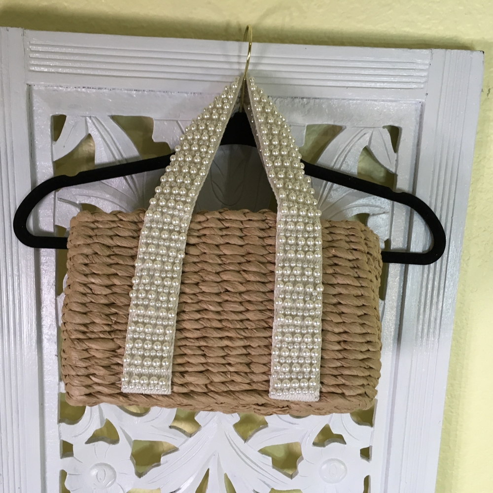 Isaac Mizrahi Straw Shoulder Bag with Pearl-Embellished Cream Straps